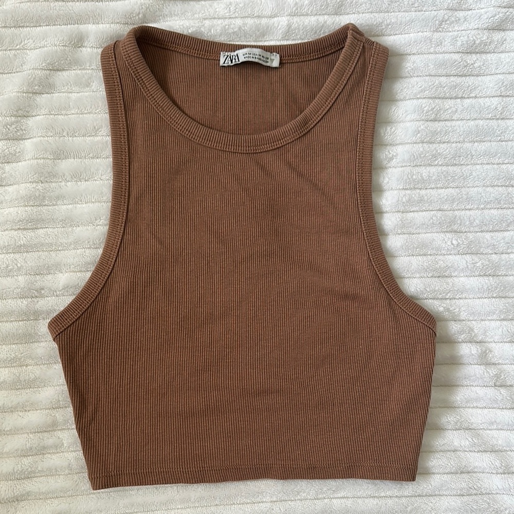 Zara Brown Fitted Crop Tank Top